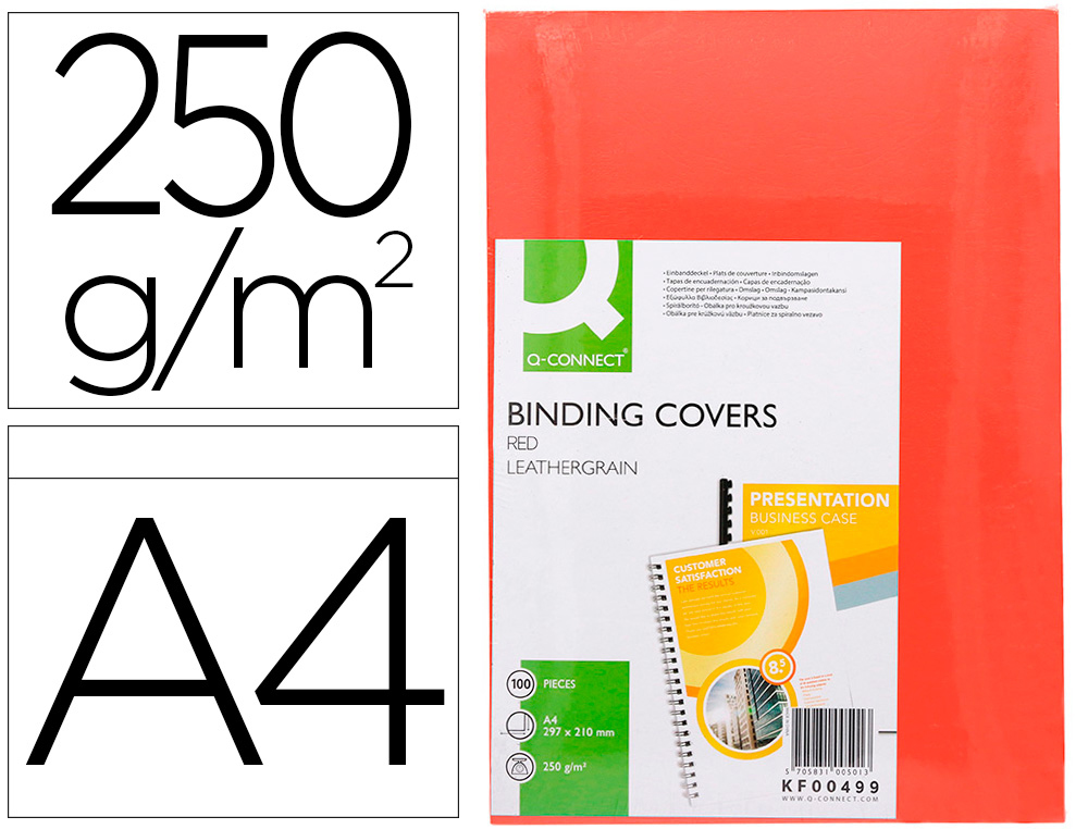 TAPA DE ENCUADERNACION Q-CONNECT CARTON DIN A4 ROJO SIMIL PIEL 250 GR CAJA DE 100 UNIDADES