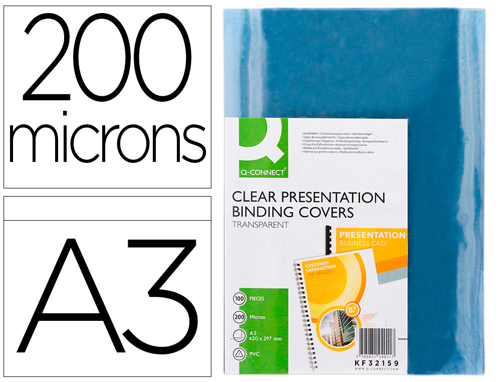 TAPA DE ENCUADERNACION Q-CONNECT PVC DIN A3 INCOLORA 200 MC CAJA DE 100 UNIDADES