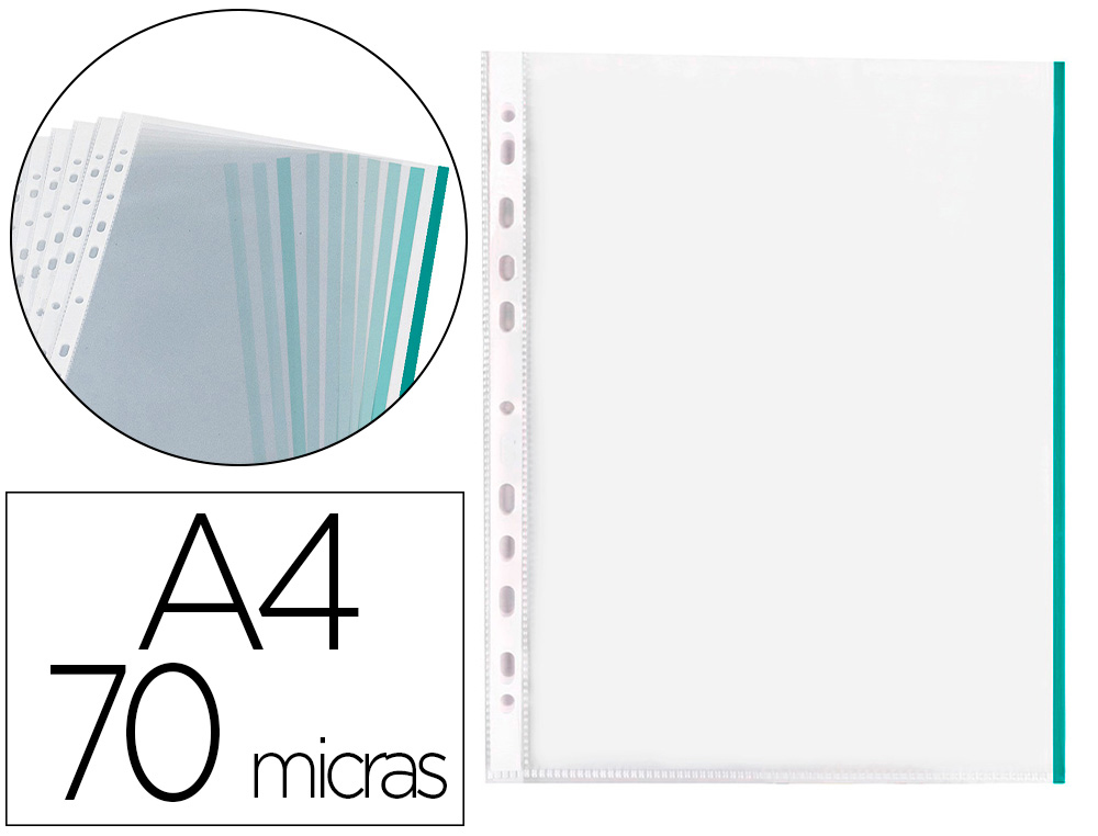 FUNDA MULTITALADRO Q-CONNECT DIN A4 70 MC PP CRISTAL CON BORDE VERDE BOLSA DE 10 UDS