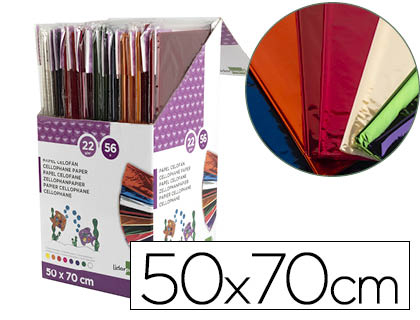 PAPEL CELOFAN LIDERPAPEL 50X70 CM EXPOSITOR DE 56 BOLSAS DE 5 HOJAS 8 COLORES SURTIDOS