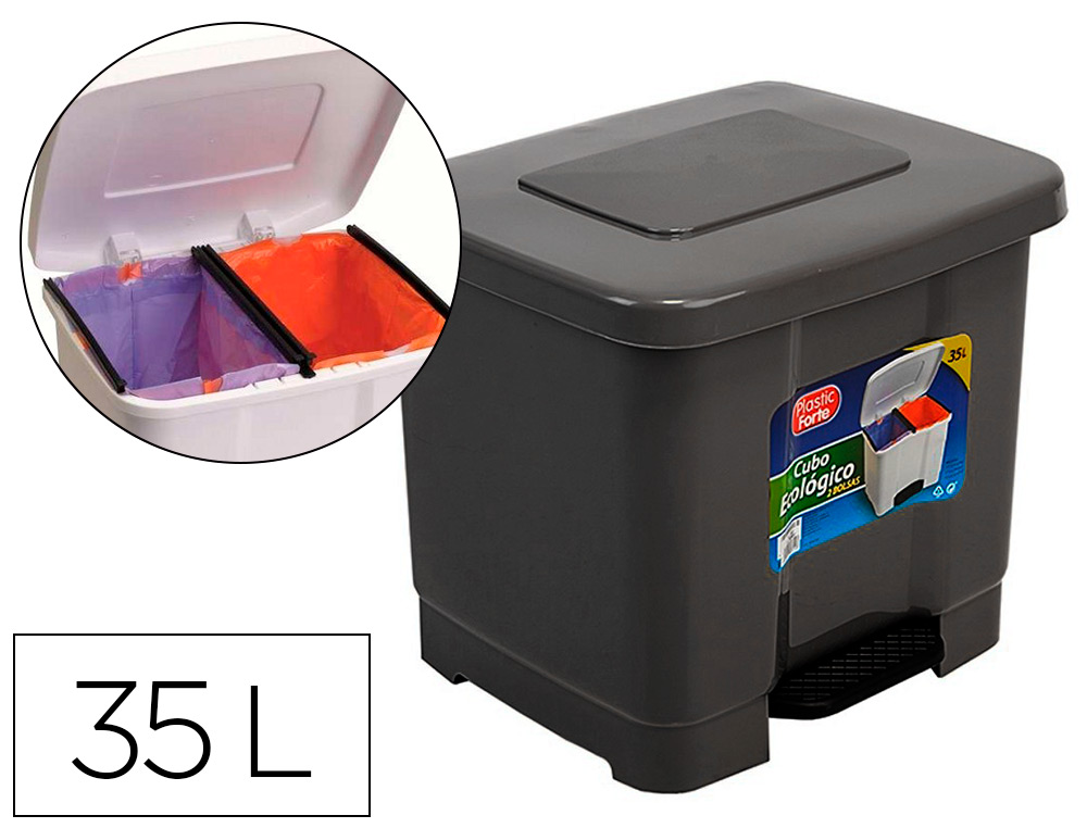 PAPELERA CONTENEDOR PLASTICFORTE PLASTICO CON PEDAL 2 COMPARTIMENTOS 35 LITROS GRIS OSCURO