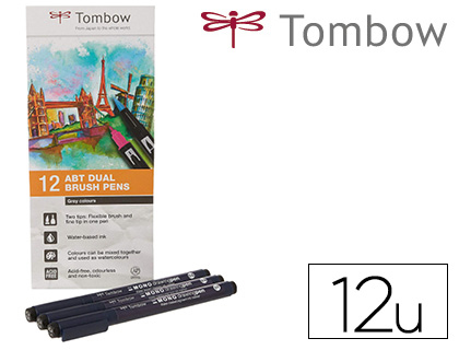 ROTULADOR TOMBOW ABT DUAL BRUSH ACUARELABLE DOBLE PUNTA FINA/PINCEL ESTUCHE DE 12 UNIDADES COLORES PRIMARIOS