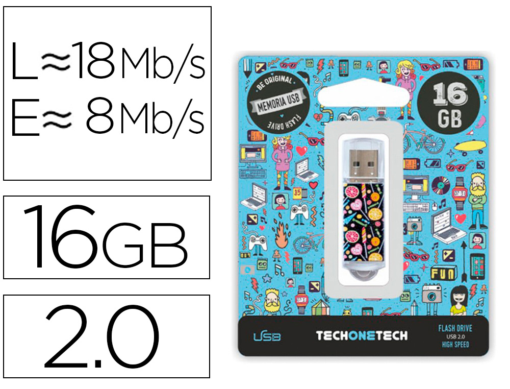 MEMORIA USB TECHONETECH FLASH DRIVE 16 GB 2.0 CANDY POP