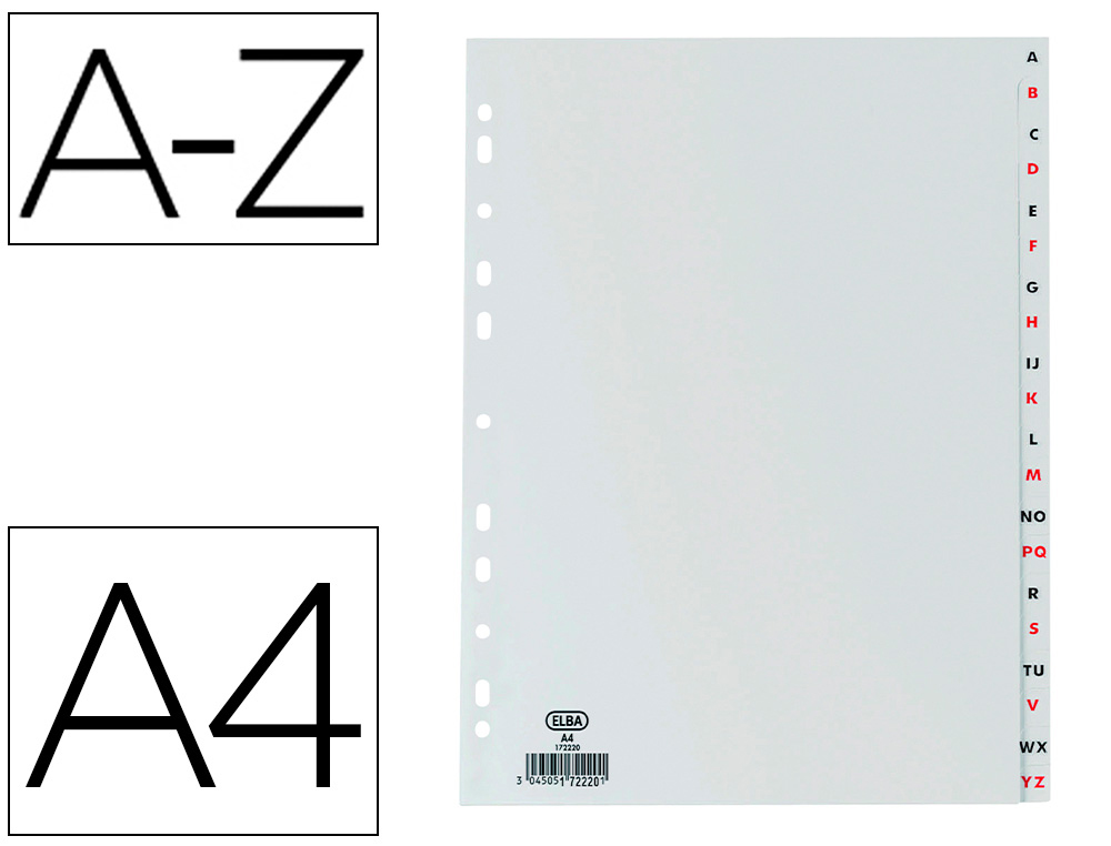 SEPARADOR ALFABETICO ELBA PLASTICO 120 MC DIN A4 11 TALADROS A-Z GRIS