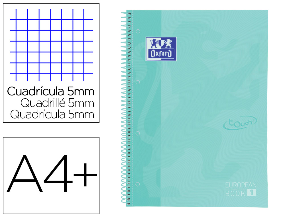 CUADERNO ESPIRAL OXFORD EBOOK 1 SCHOOL TOUCH TE DIN A4+ 80 HOJAS CUADRO 5 MM CON MARGEN MINT PASTEL
