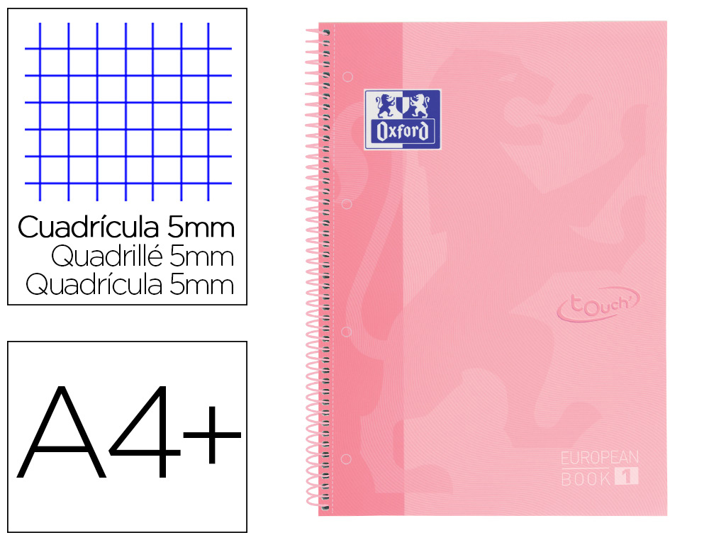 CUADERNO ESPIRAL OXFORD EBOOK 1 SCHOOL TOUCH TE DIN A4+ 80 HOJAS CUADRO 5 MM CON MARGEN FLAMINGO PASTEL