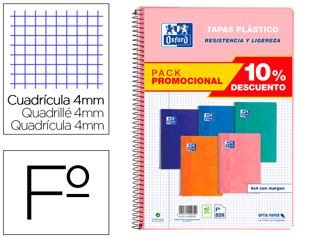 CUADERNO ESPIRAL OXFORD TAPA PLASTICO FOLIO 80 HOJAS CUADRO 4 MM -UNIDAD-