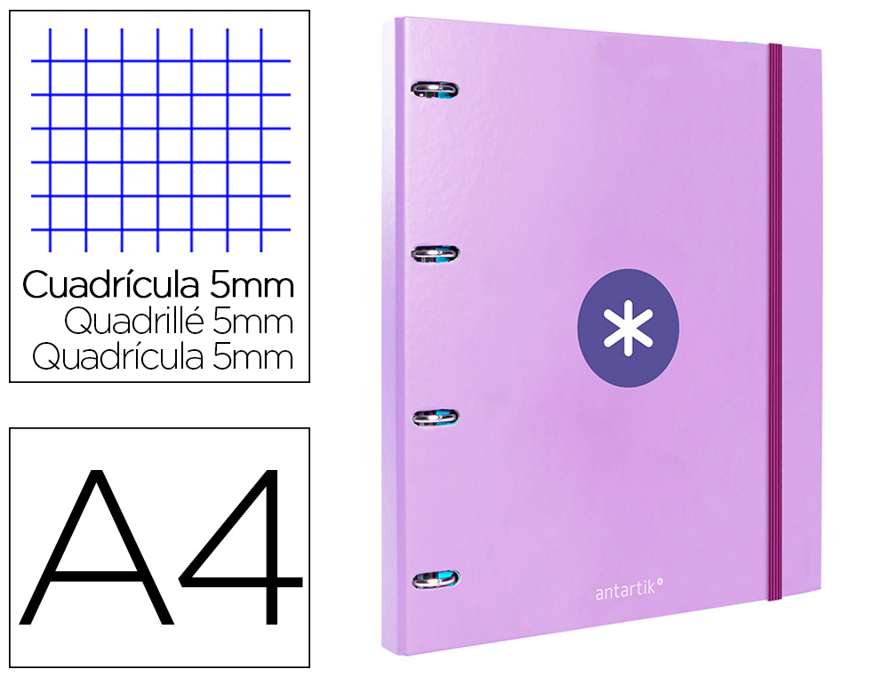 CARPETA CON RECAMBIO ANTARTIK A4 CUADRO 5MM FORRADA 4 ANILLAS 25MM REDONDAS COLOR LAVANDA