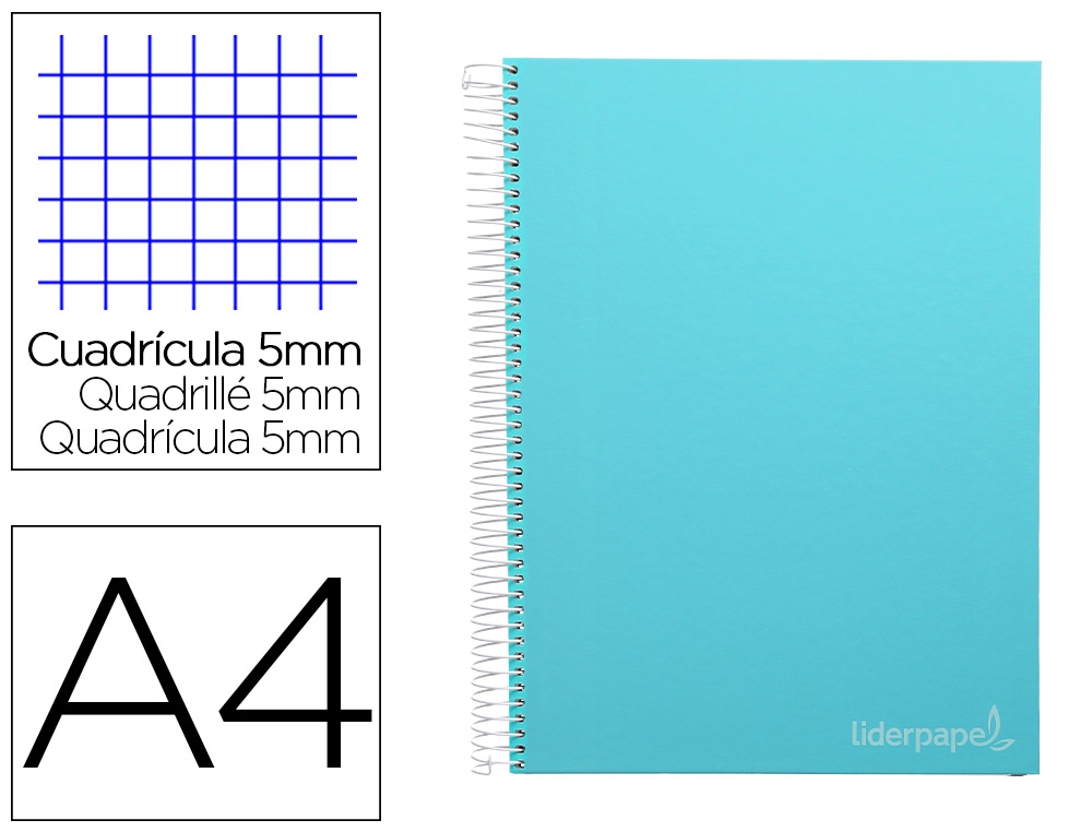 CUADERNO ESPIRAL LIDERPAPEL A4 MICRO JOLLY TAPA FORRADA 140H 75 GR CUADRO 5MM 5 BANDAS4 TALADROS COLOR CELESTE