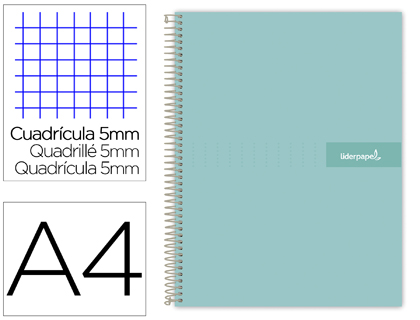 CUADERNO ESPIRAL LIDERPAPEL A4 MICRO CRAFTY TAPA FORRADA 120H 90GR CUADRO 5MM 5 BANDAS 4 TALADROS COLOR TURQUESA