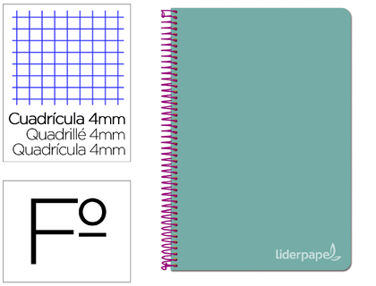 CUADERNO ESPIRAL LIDERPAPEL FOLIO WITTY TAPA DURA 80H 75GR CUADRO 4MM CON MARGEN COLOR TURQUESA