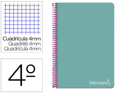 CUADERNO ESPIRAL LIDERPAPEL CUARTO WITTY TAPA DURA 80H 75GR CUADRO 4MM CON MARGEN COLOR TURQUESA