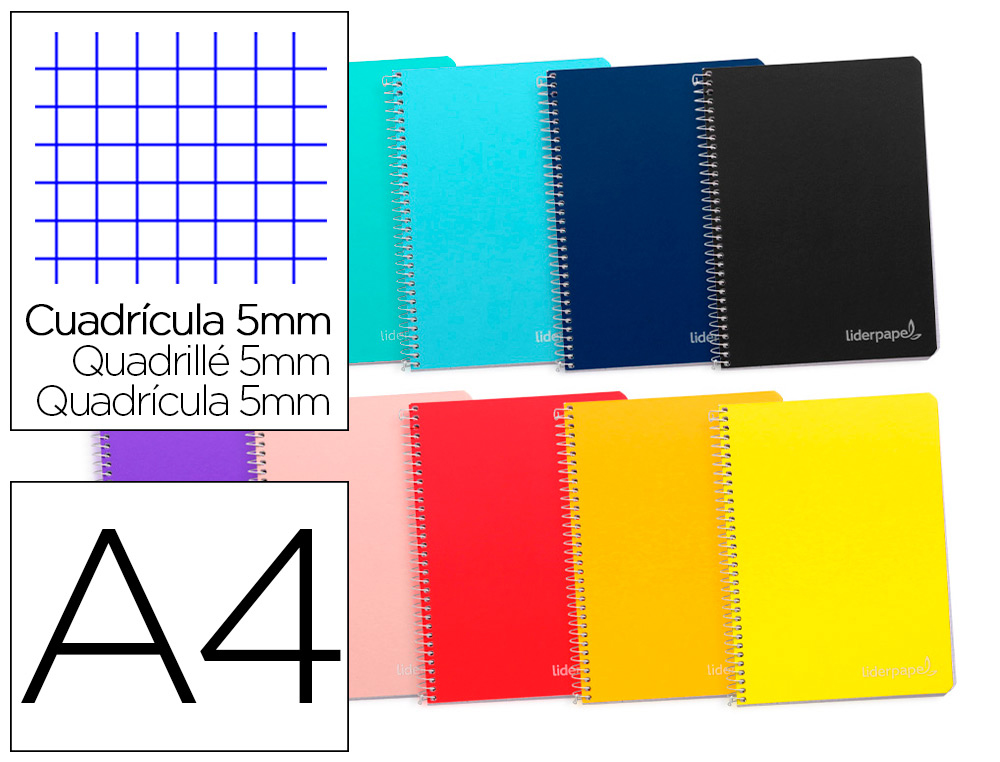 CUADERNO ESPIRAL LIDERPAPEL A4 MICRO WITTY TAPA DURA 140H 75GR CUADRO 5MM 5 BANDAS 4 TALADROS COLORES SURTIDOS