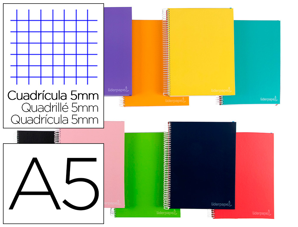 CUADERNO ESPIRAL LIDERPAPEL A5 MICRO JOLLY TAPA FORRADA 140H 75 GR CUADRO 5MM 5 BANDAS6 TALADROS COLORES SURTIDOS