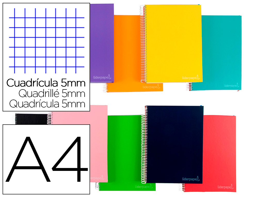 CUADERNO ESPIRAL LIDERPAPEL A4 MICRO JOLLY TAPA FORRADA 140H 75 GR CUADRO 5MM 5 BANDAS4 TALADROS COLORES SURTIDOS