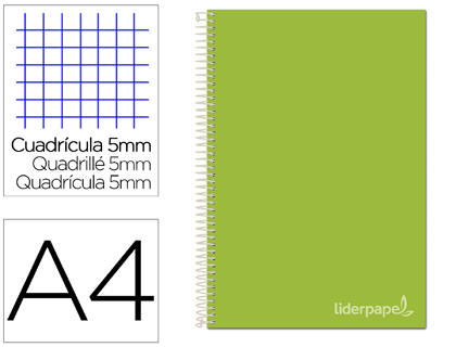 CUADERNO ESPIRAL LIDERPAPEL A4 MICRO JOLLY TAPA FORRADA 140H 75 GR CUADRO 5MM 5 BANDAS 4 TALADROS COLOR VERDE