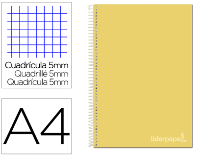CUADERNO ESPIRAL LIDERPAPEL A4 MICRO JOLLY TAPA FORRADA 140H 75 GR CUADRO 5MM 5 BANDAS4 TALADROS COLOR AMARILLO