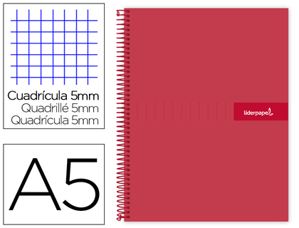 CUADERNO ESPIRAL LIDERPAPEL A5 MICRO CRAFTY TAPA FORRADA 120H 90 GR CUADRO 5MM 5 BANDAS6 TALADROS COLOR ROJO