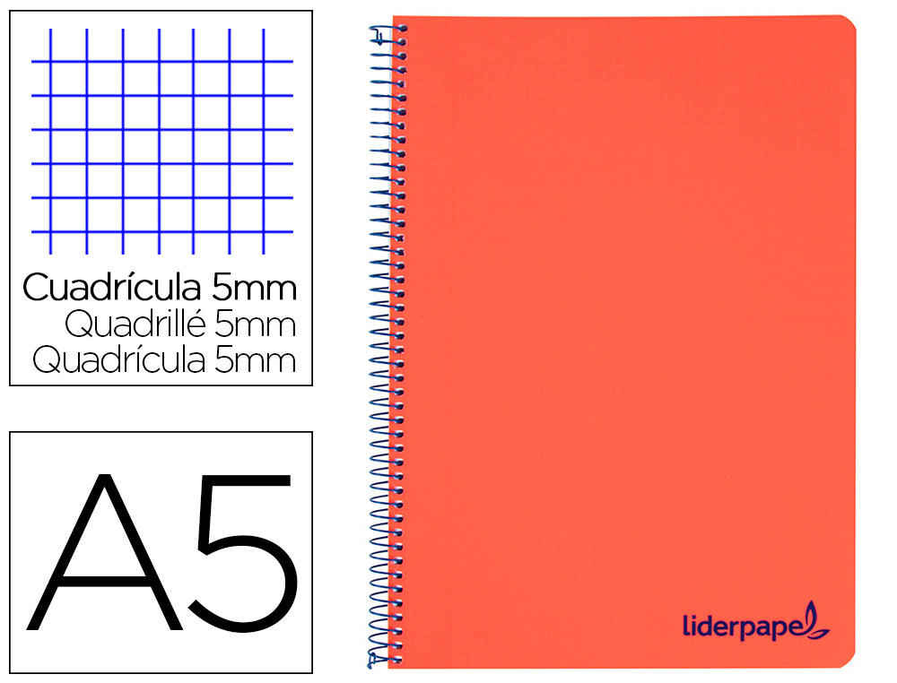 CUADERNO ESPIRAL LIDERPAPEL A5 MICRO WONDER TAPA PLASTICO 120H 90G CUADRO 5MM 5 BANDAS 6 TALADROS COLOR ROJO