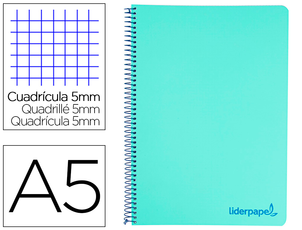 CUADERNO ESPIRAL LIDERPAPEL A5 MICRO WONDER TAPA PLASTICO 120H 90G CUADRO 5MM 5 BANDAS 6 TALADRO COLOR VERDE TURQUESA