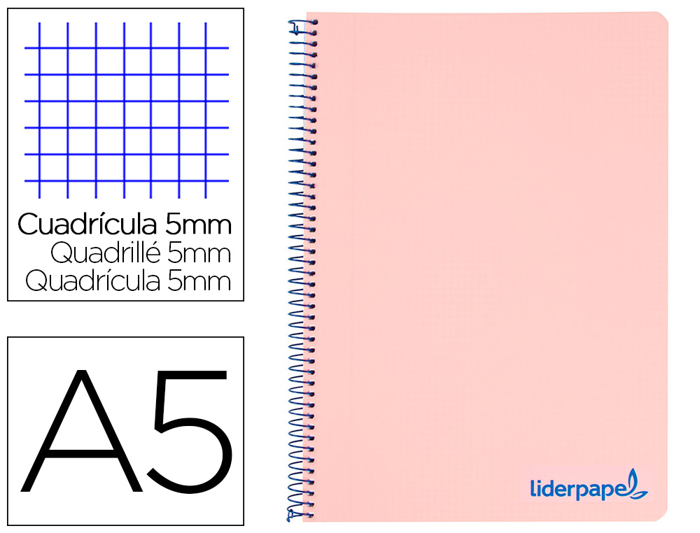 CUADERNO ESPIRAL LIDERPAPEL A5 MICRO WONDER TAPA PLASTICO 120H 90G CUADRO 5MM 5 BANDAS 6 TALADROS COLOR ROSA