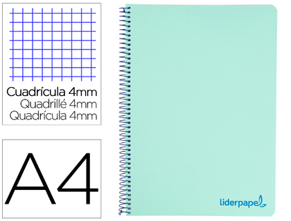 CUADERNO ESPIRAL LIDERPAPEL A4 WONDER TAPA PLASTICO 80H 90GR CUADRO 4MM CON MARGEN COLOR VERDE PASTEL