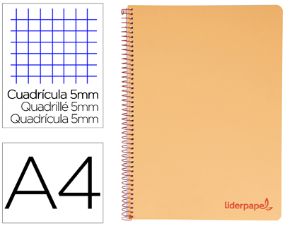 CUADERNO ESPIRAL LIDERPAPEL A4 MICRO WONDER TAPA PLASTICO 120H 90 GR CUADRO 5 MM 5 BANDA4 TALADROS COLOR NARANJA