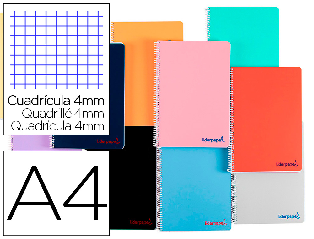 CUADERNO ESPIRAL LIDERPAPEL A4 WONDER TAPA PLASTICO 80H 90GR CUADRO 4MM CON MARGEN COLORES SURTIDOS