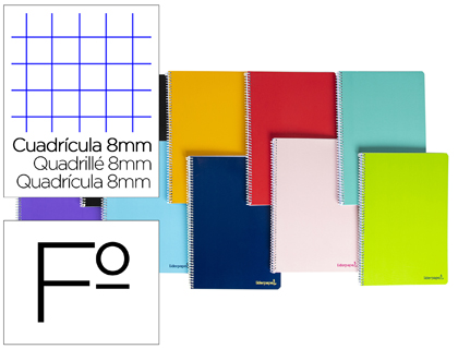 CUADERNO ESPIRAL LIDERPAPEL FOLIO SMART TAPA BLANDA 80H 60GR CUADRO 8 MM CON MARGEN COLORES SURTIDOS