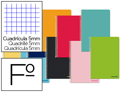 CUADERNO ESPIRAL LIDERPAPEL FOLIO SMART TAPA BLANDA 80H 60GR CUADRO 5 MM CON MARGEN COLORES SURTIDOS