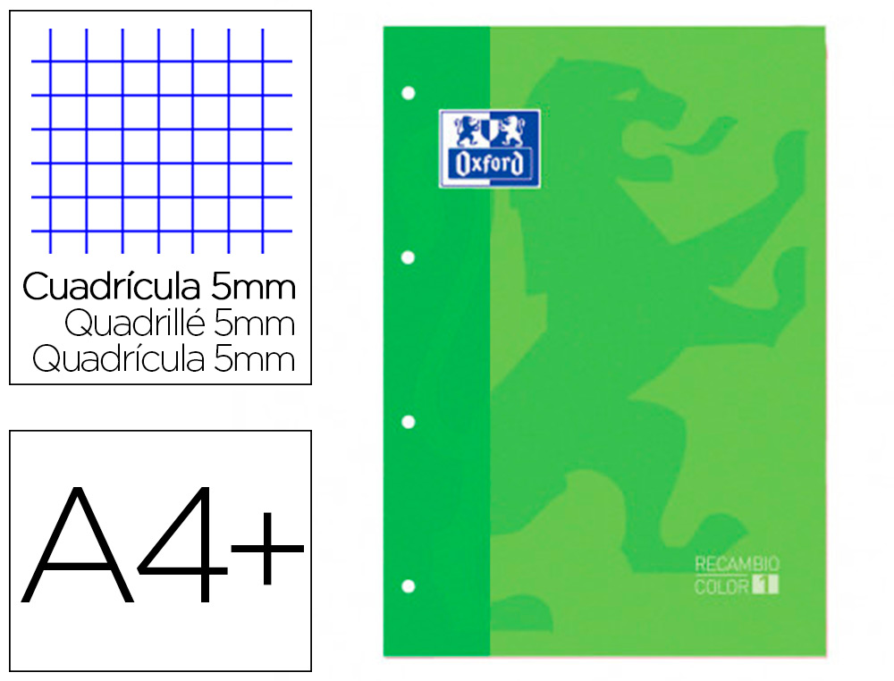 RECAMBIO COLOR 1 OXFORD DIN A4+ 80 HOJAS 90 GR CUADRO 5 MM 4 TALADROS COLOR VERDE MANZANA