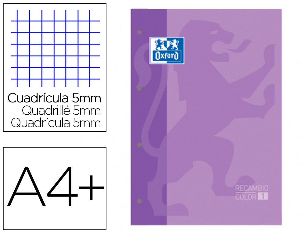 RECAMBIO COLOR 1 OXFORD DIN A4+ 80 HOJAS 90 GR CUADRO 5 MM 4 TALADROS COLOR MALVA