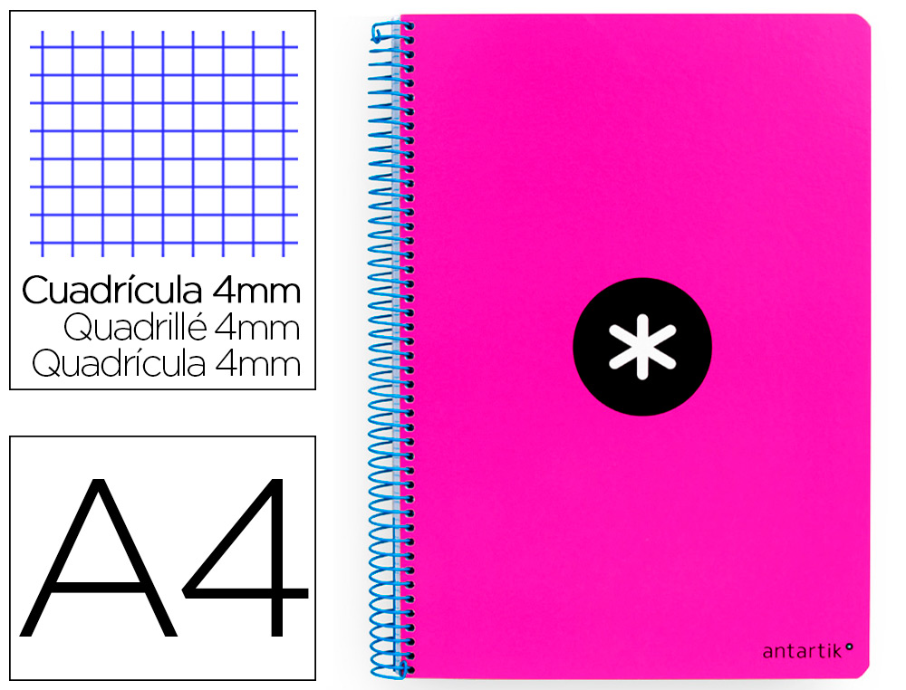 CUADERNO ESPIRAL A4 ANTARTIK TAPA DURA 80H 90GR CUADRO 4MM CON MARGEN COLOR ROSA FLUOR