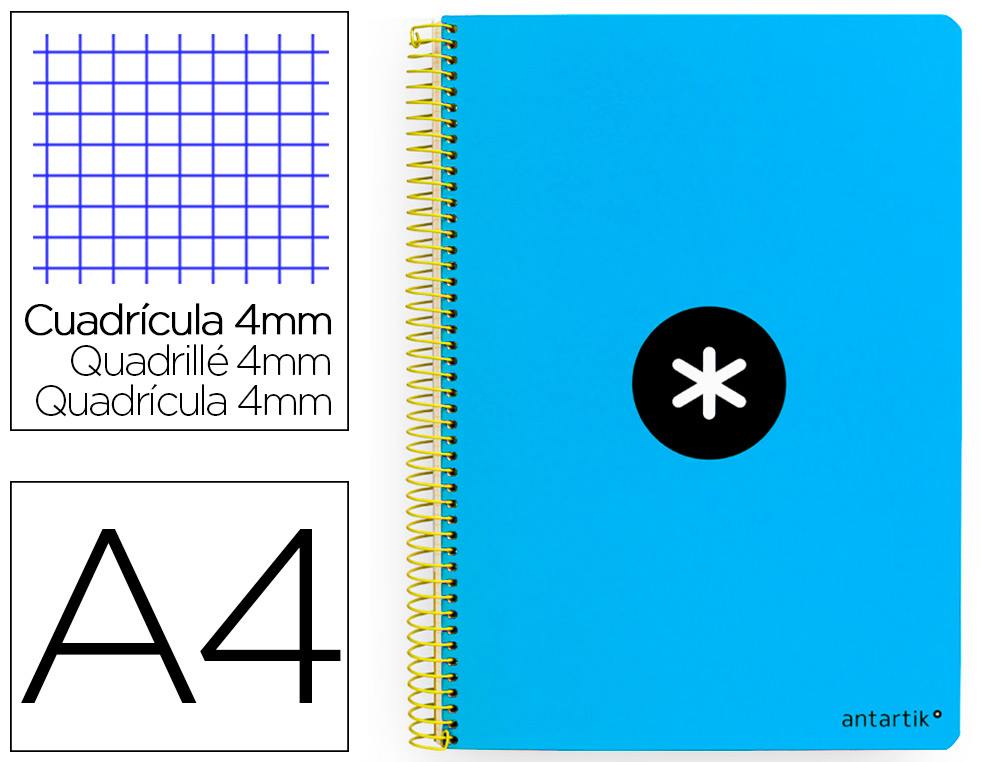 CUADERNO ESPIRAL A4 ANTARTIK TAPA DURA 80H 90GR CUADRO 4MM CON MARGEN COLOR AZUL