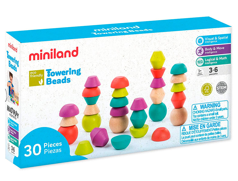 JUEGO MINILAND TOWERING BEADS PIEZAS DE MADERAS PARA TRABAJAR LA LOGICA