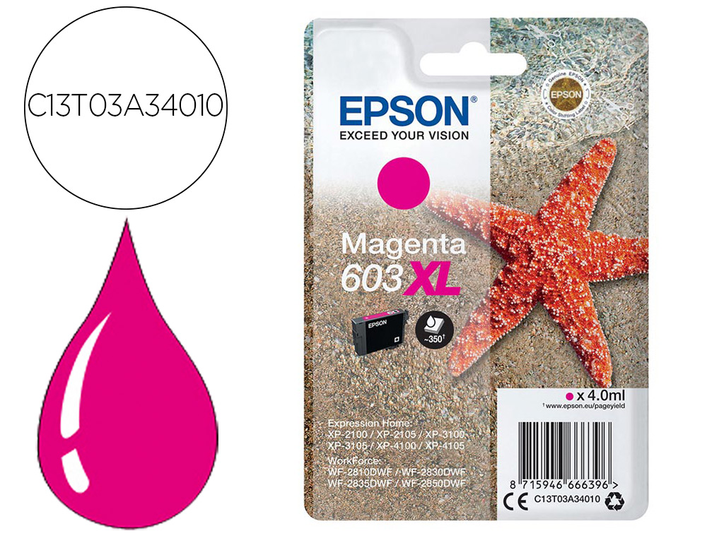 INK-JET EPSON 603XL XP-2100 / 2105 / 3100 / 4100 / WF-2810 / 2830 / 2835 / 2850 MAGENTA 350 PAGINAS