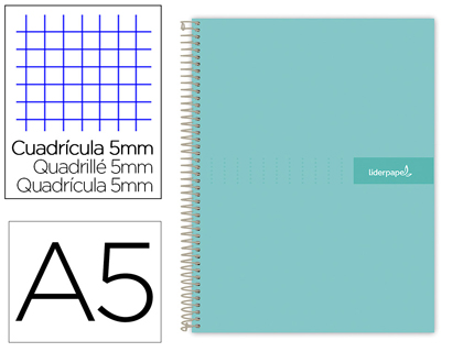 CUADERNO ESPIRAL LIDERPAPEL A5 MICRO CRAFTY TAPA FORRADA 120H 90 GR CUADRO 5MM 5 BANDAS6 TALADROS COLOR TURQUESA