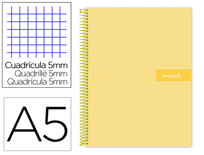 CUADERNO ESPIRAL LIDERPAPEL A5 MICRO CRAFTY TAPA FORRADA 120H 90 GR CUADRO 5MM 5 BANDAS6 TALADROS COLOR AMARILLO