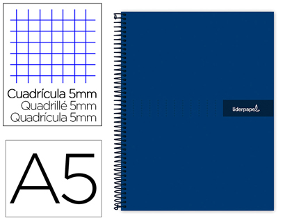 CUADERNO ESPIRAL LIDERPAPEL A5 MICRO CRAFTY TAPA FORRADA 120H 90 GR CUADRO 5MM 5 BANDAS6 TALADROS COLOR AZUL