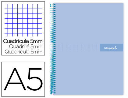 CUADERNO ESPIRAL LIDERPAPEL A5 MICRO CRAFTY TAPA FORRADA 120H 90 GR CUADRO 5MM 5 BANDAS6 TALADROS COLOR CELESTE