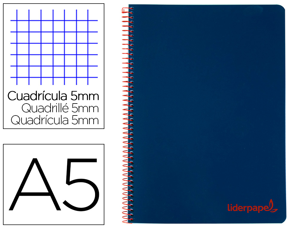 CUADERNO ESPIRAL LIDERPAPEL A5 MICRO WONDER TAPA PLASTICO 120H 90G CUADRO 5MM 5 BANDAS 6 TALADROS COLOR AZUL MARINO