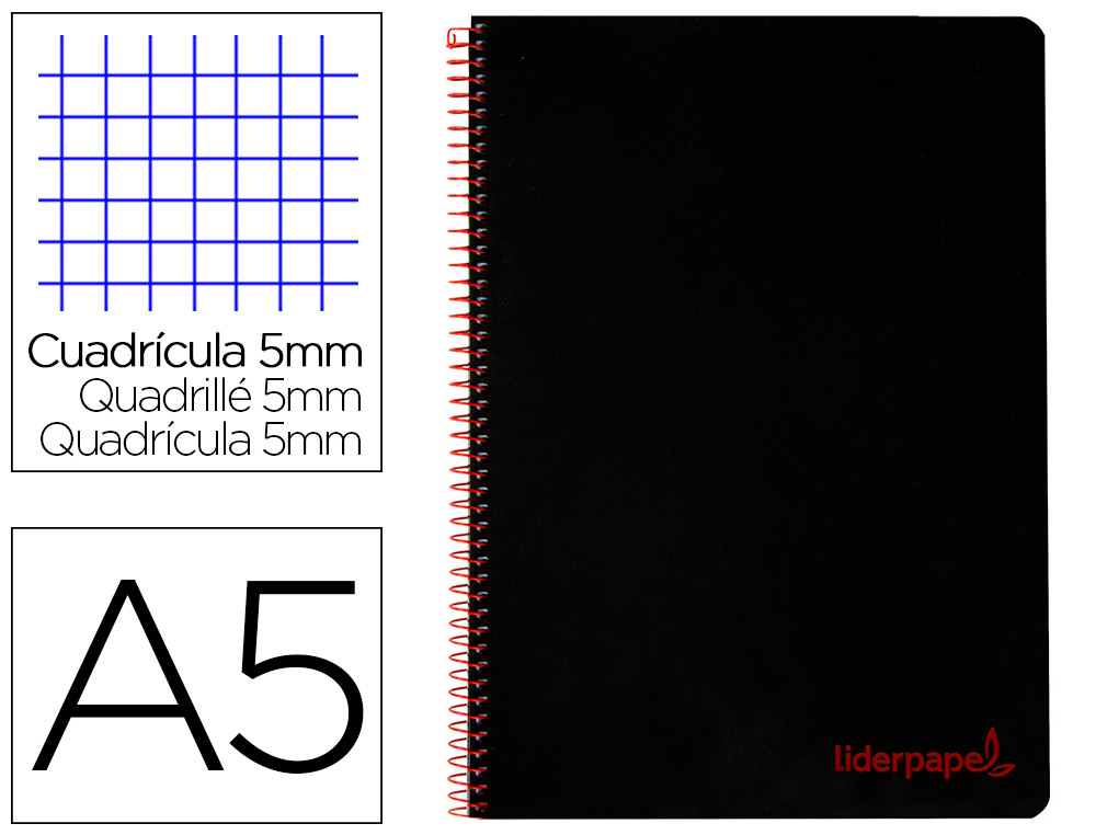 CUADERNO ESPIRAL LIDERPAPEL A5 MICRO WONDER TAPA PLASTICO 120H 90G CUADRO 5MM 5 BANDAS 6 TALADROS COLOR NEGRO