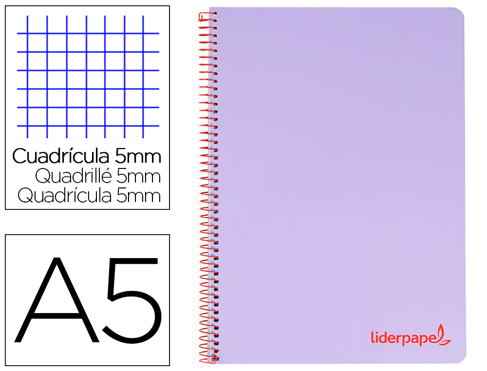 CUADERNO ESPIRAL LIDERPAPEL A5 MICRO WONDER TAPA PLASTICO 120H 90G CUADRO 5MM 5 BANDAS 6 TALADROS COLOR VIOLETA