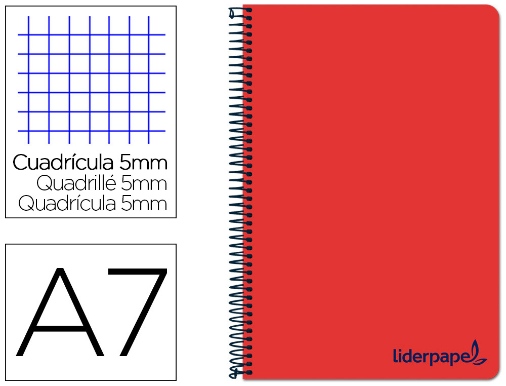 CUADERNO ESPIRAL LIDERPAPEL A7 MICRO WONDER TAPA PLASTICO 100H 90 GR CUADRO 5MM 4 BANDAS COLOR ROJO