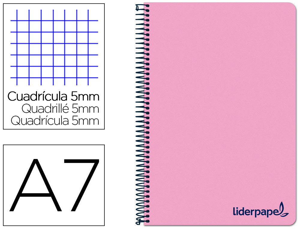 CUADERNO ESPIRAL LIDERPAPEL A7 MICRO WONDER TAPA PLASTICO 100H 90 GR CUADRO 5MM 4 BANDAS COLOR ROSA