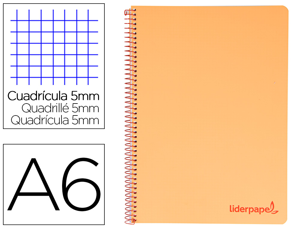 CUADERNO ESPIRAL LIDERPAPEL A6 MICRO WONDER TAPA PLASTICO 120H 90 GR CUADRO 5MM 4 BANDAS COLOR NARANJA