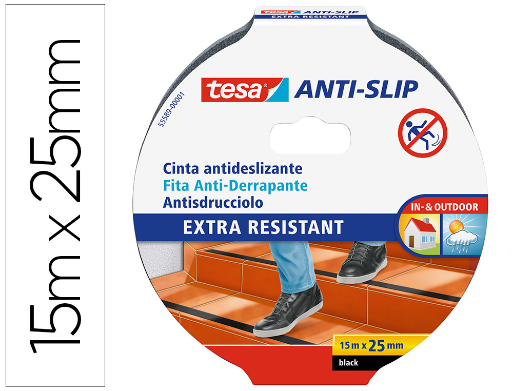 CINTA ANTIDESLIZANTE ADHESIVA TESA USO INTERIOR / EXTERIOR COLOR NEGRO 15 MT X 25 MM