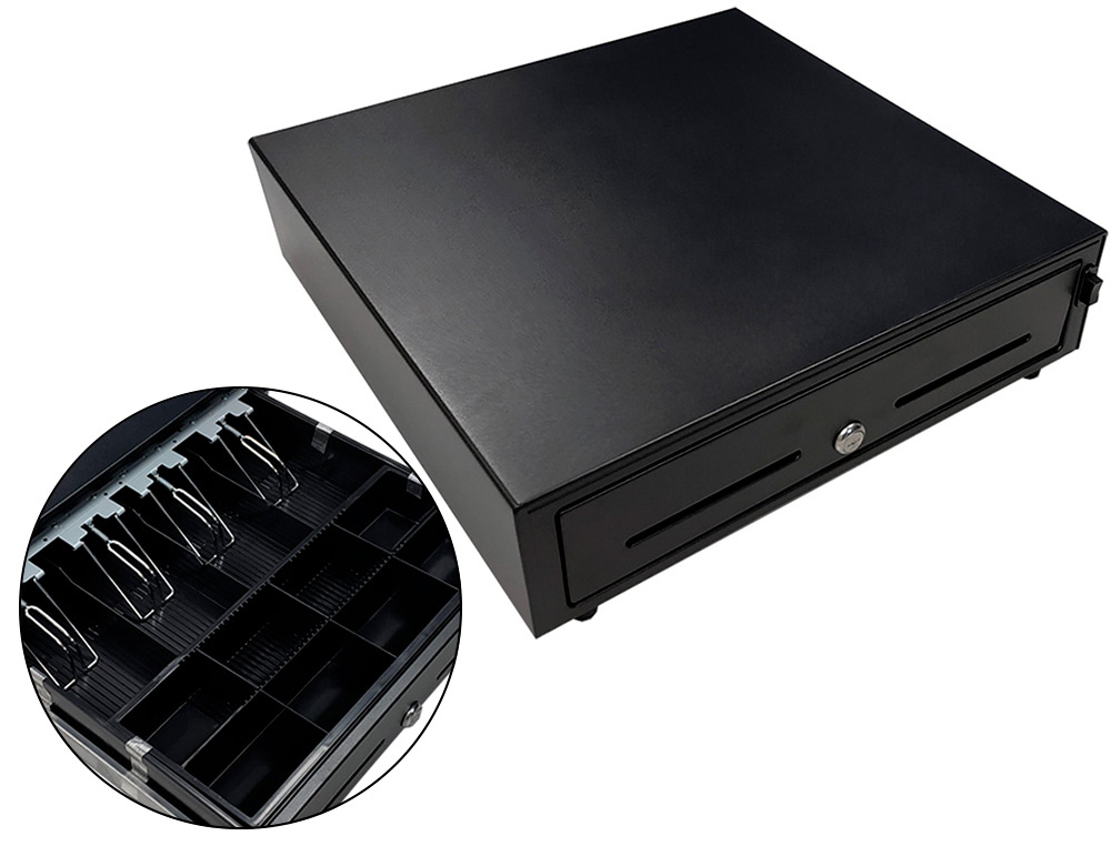 CAJON PORTAMONEDAS 8 MONEDEROS 5 BILLETEROS CON LLAVE MANUALNEGRO 410X415X110 MM