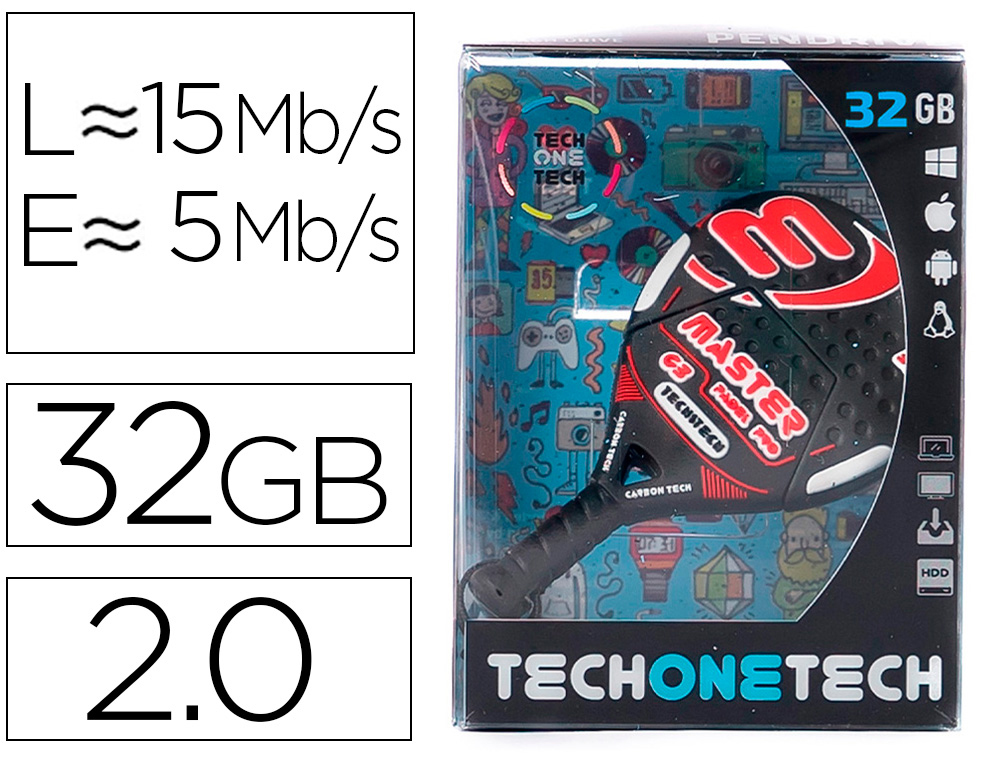 MEMORIA USB TECH ON TECH RAQUETA PADEL ROJA 32 GB
