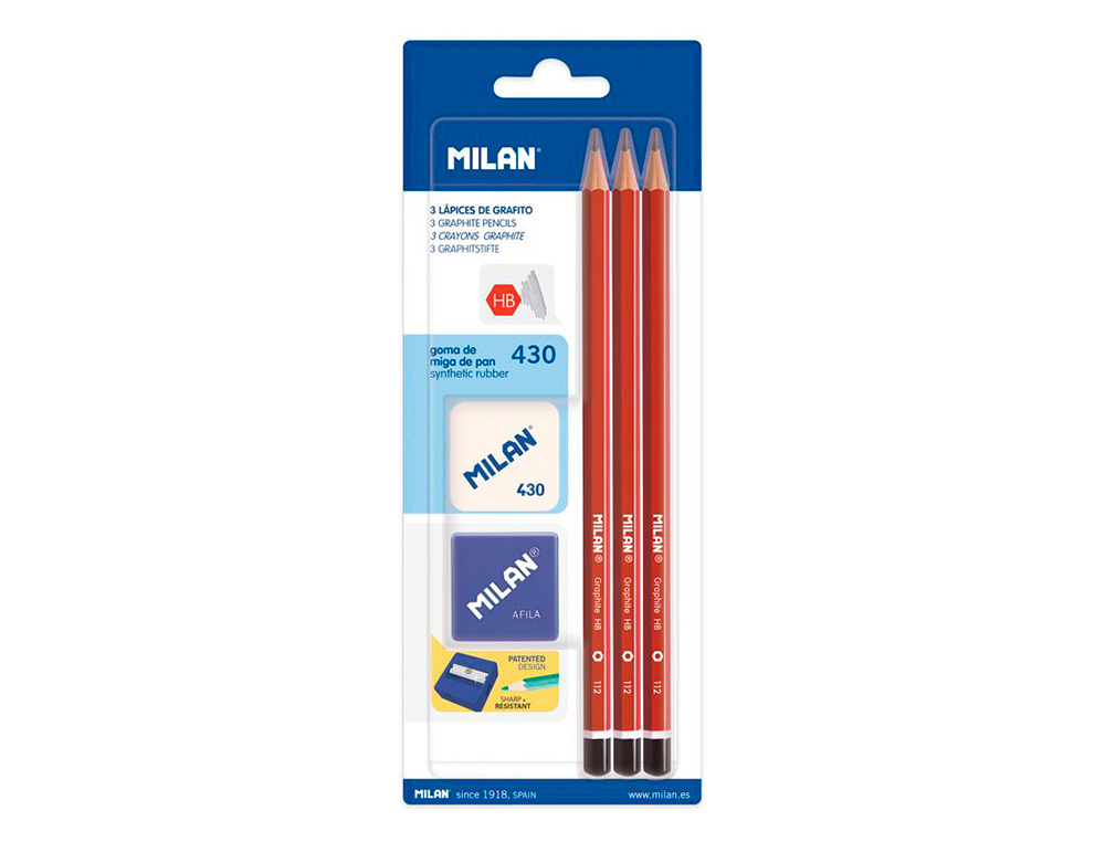 LAPICES DE GRAFITO MILAN HEXAGONAL HB + GOMA 430 + AFILALAPIZ BLISTER DE 3 UNIDADES